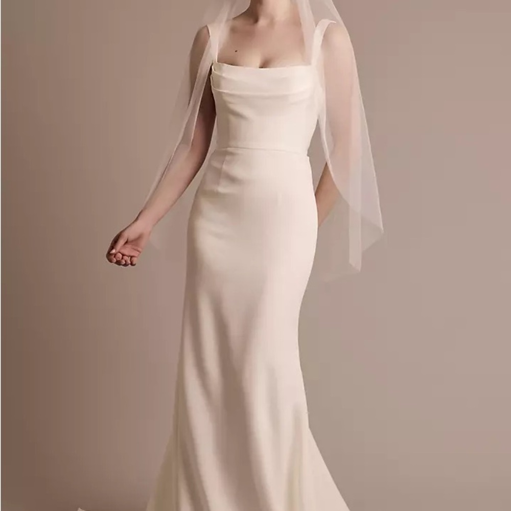 David’s Bridal Stretch Crepe Cowl Neck Tank Sheath Wedding Dress.